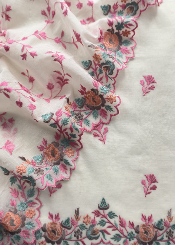 Off-White With Pink Pure Mul Banarasi Cotton Suit With Resham Embroidery