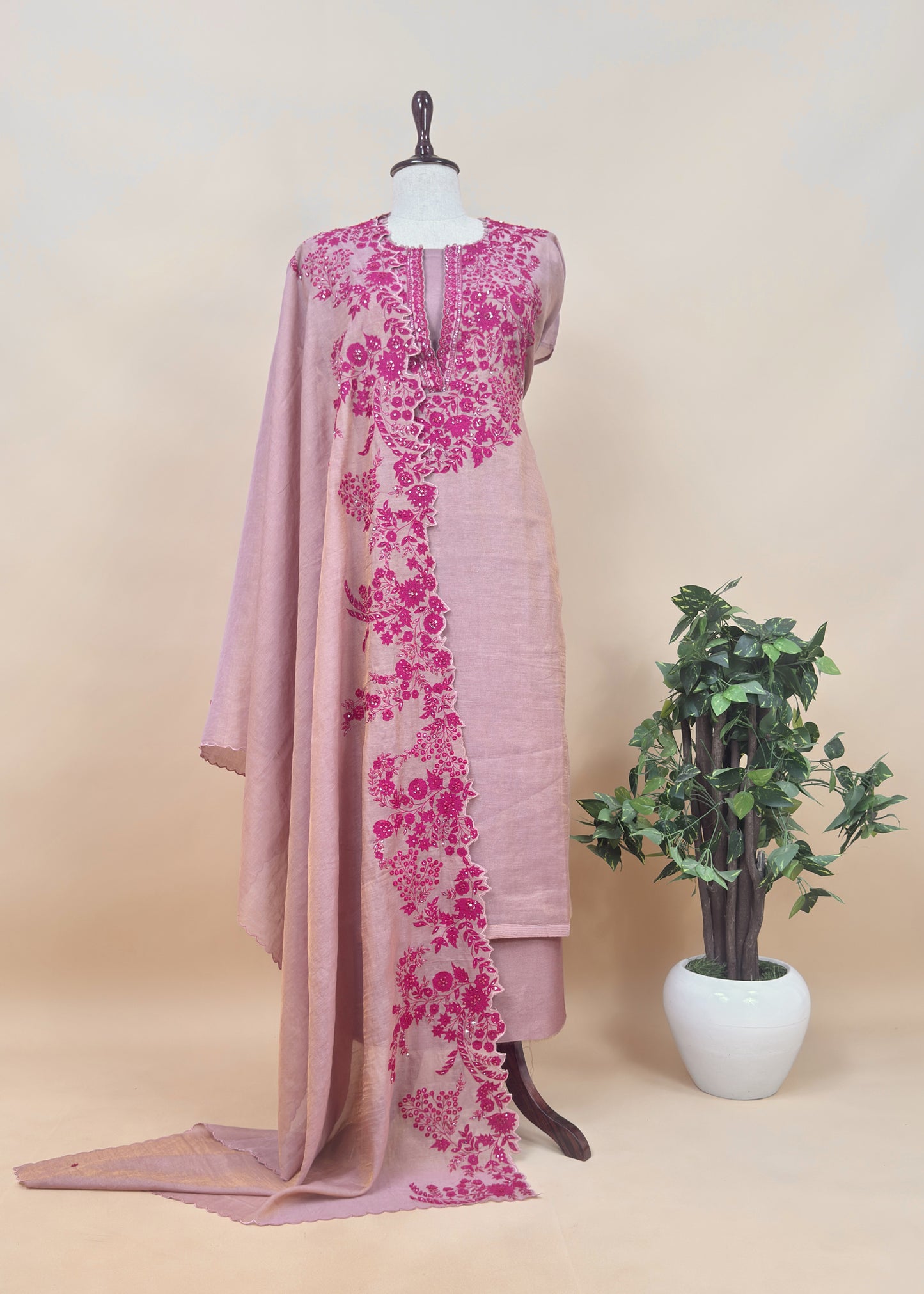 Dusty Candy Pink Tissue Silk Suit Fabric With Appliqué Flowers And Handwor