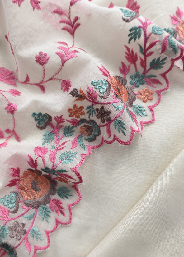 Off-White With Pink Pure Mul Banarasi Cotton Suit With Resham Embroidery