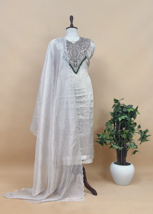 Champagne Beige Handloom Tissue silk kurta and Tissue Silk Dupatta with Dori Dabka handwork