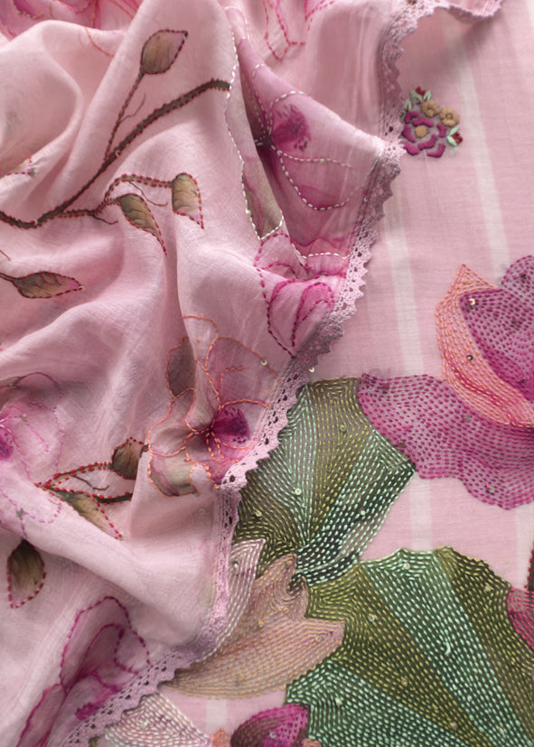 Flamingo Pink Or Baby Pink Pure Linen Suit Fabric With Kantha embroidery