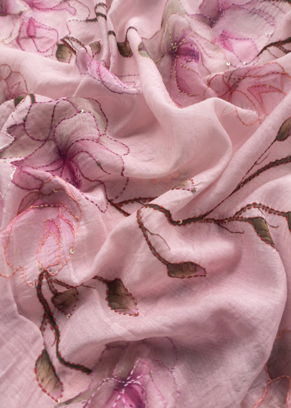 Flamingo Pink Or Baby Pink Pure Linen Suit Fabric With Kantha embroidery