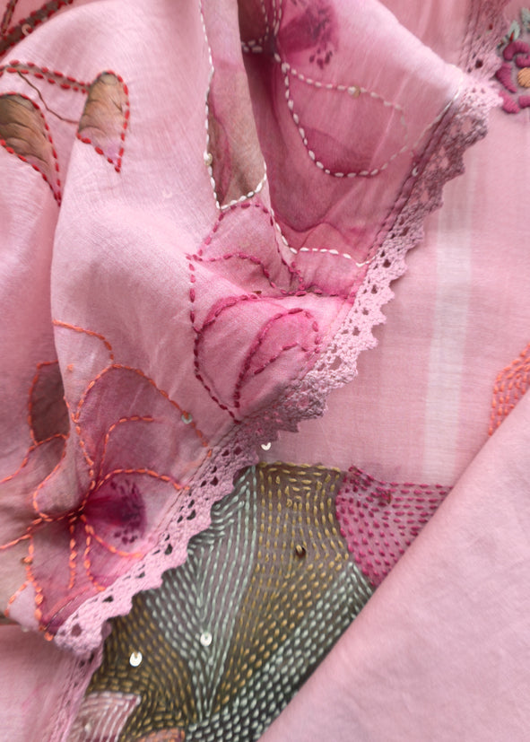 Flamingo Pink Or Baby Pink Pure Linen Suit Fabric With Kantha embroidery