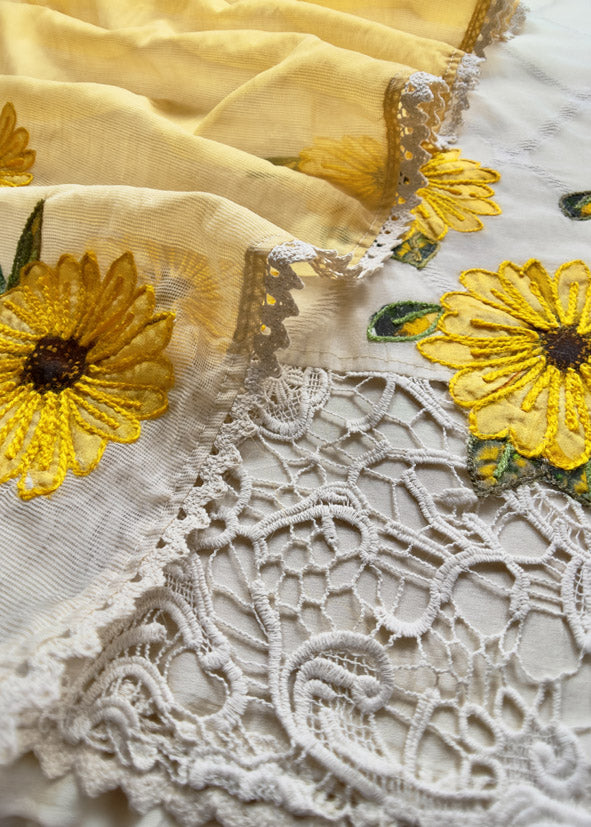 Off-White Cotton Suit With Sunflower Embroidery