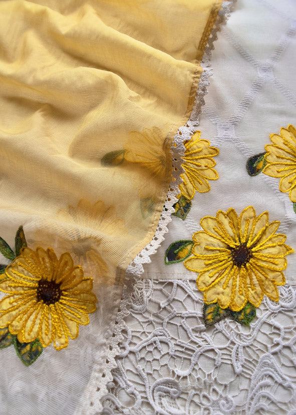 Off-White Cotton Suit With Sunflower Embroidery