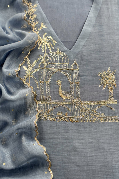 Steel Blue Handloom Mulmul Suit With Thread Embroidery