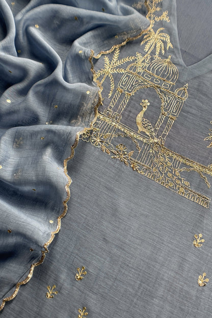 Steel Blue Handloom Mulmul Suit With Thread Embroidery