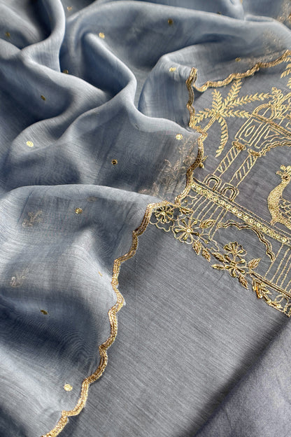 Steel Blue Handloom Mulmul Suit With Thread Embroidery