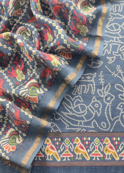 Blue Maheshwari Silk Unstitched Suit With Bandhani And Patola Print