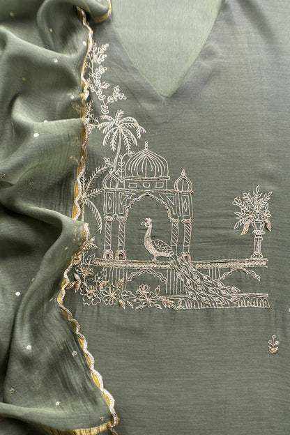 Sage Green Handloom Mulmul Suit With Thread Embroidery