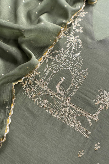Sage Green Handloom Mulmul Suit With Thread Embroidery