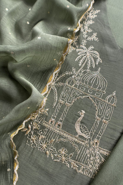 Sage Green Handloom Mulmul Suit With Thread Embroidery