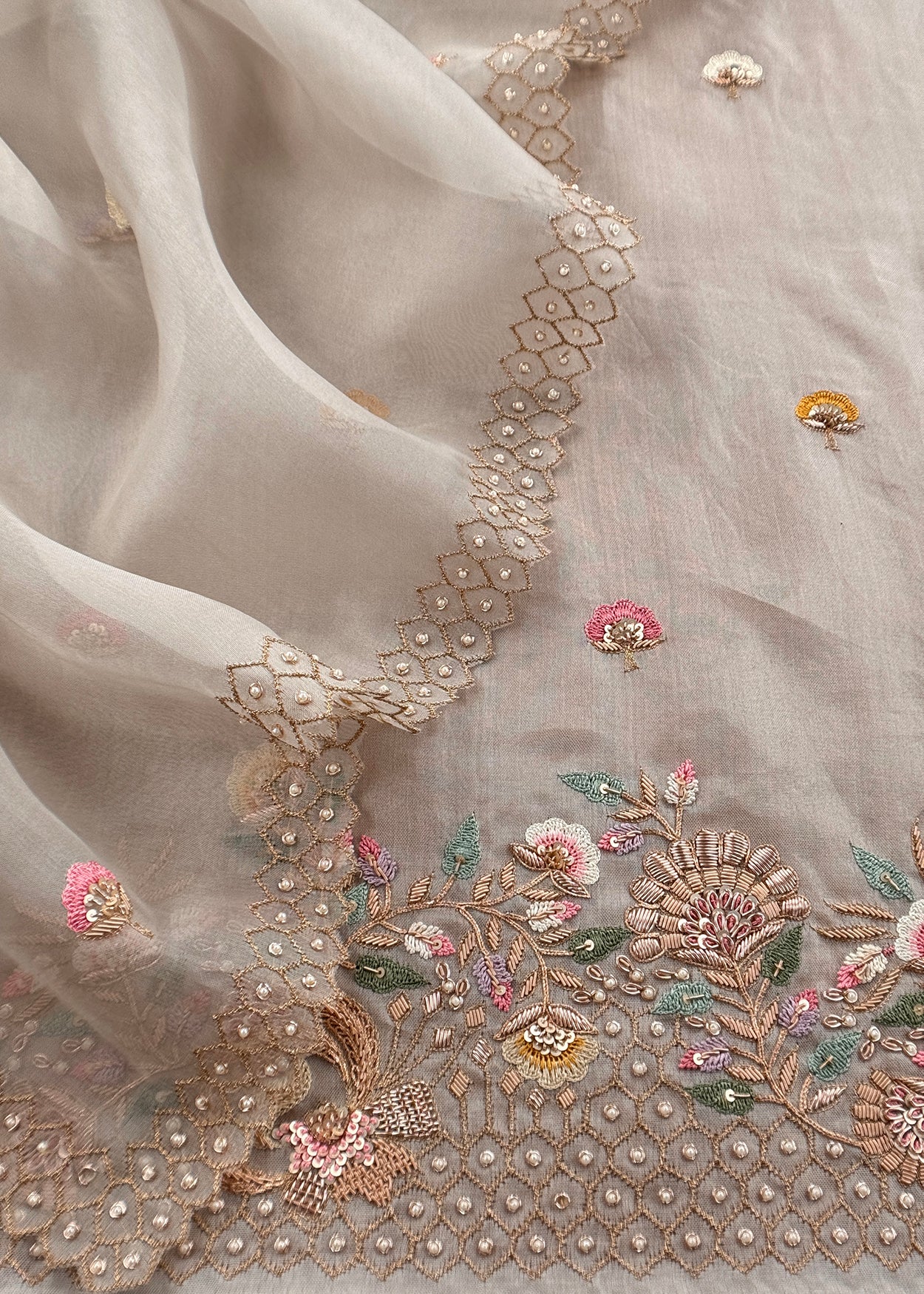 Grey Kora Silk Suit Fabric With Dori And Dabka Embroidery