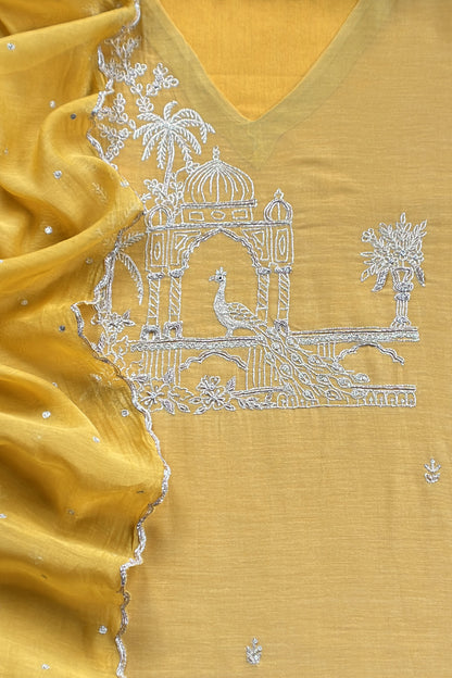 Yellow Handloom Mulmul Suit With Thread Embroidery