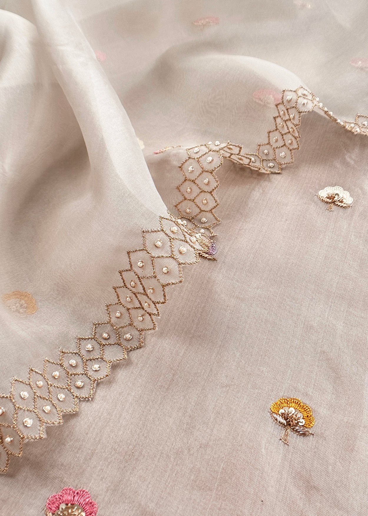 Grey Kora Silk Suit Fabric With Dori And Dabka Embroidery
