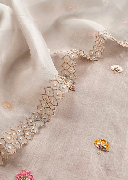 Grey Kora Silk Suit Fabric With Dori And Dabka Embroidery