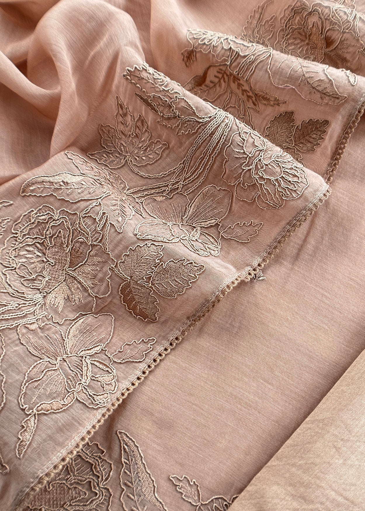 mulmul unstitched suit with french embroidery
