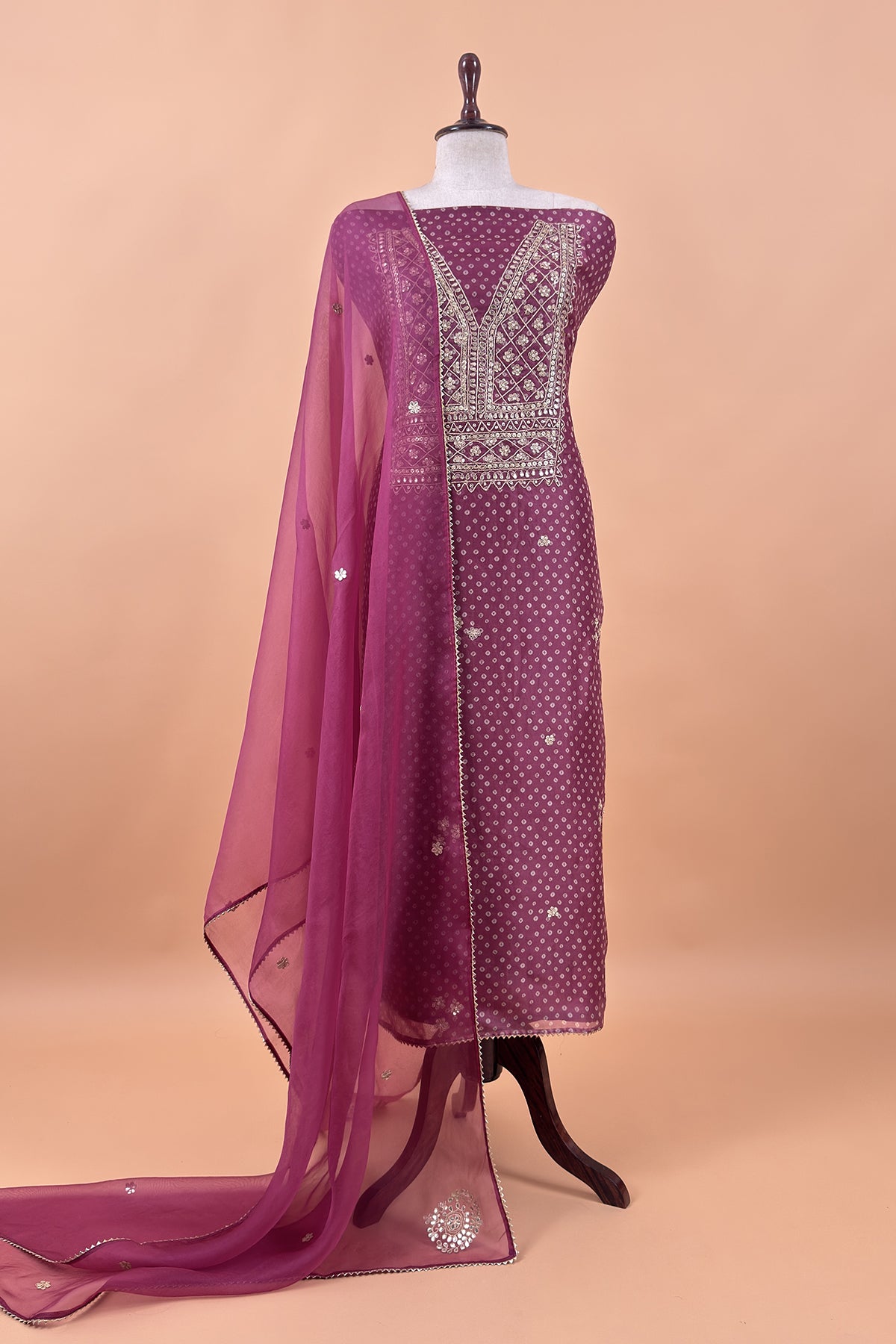Handloom organza suit with gota handwork

