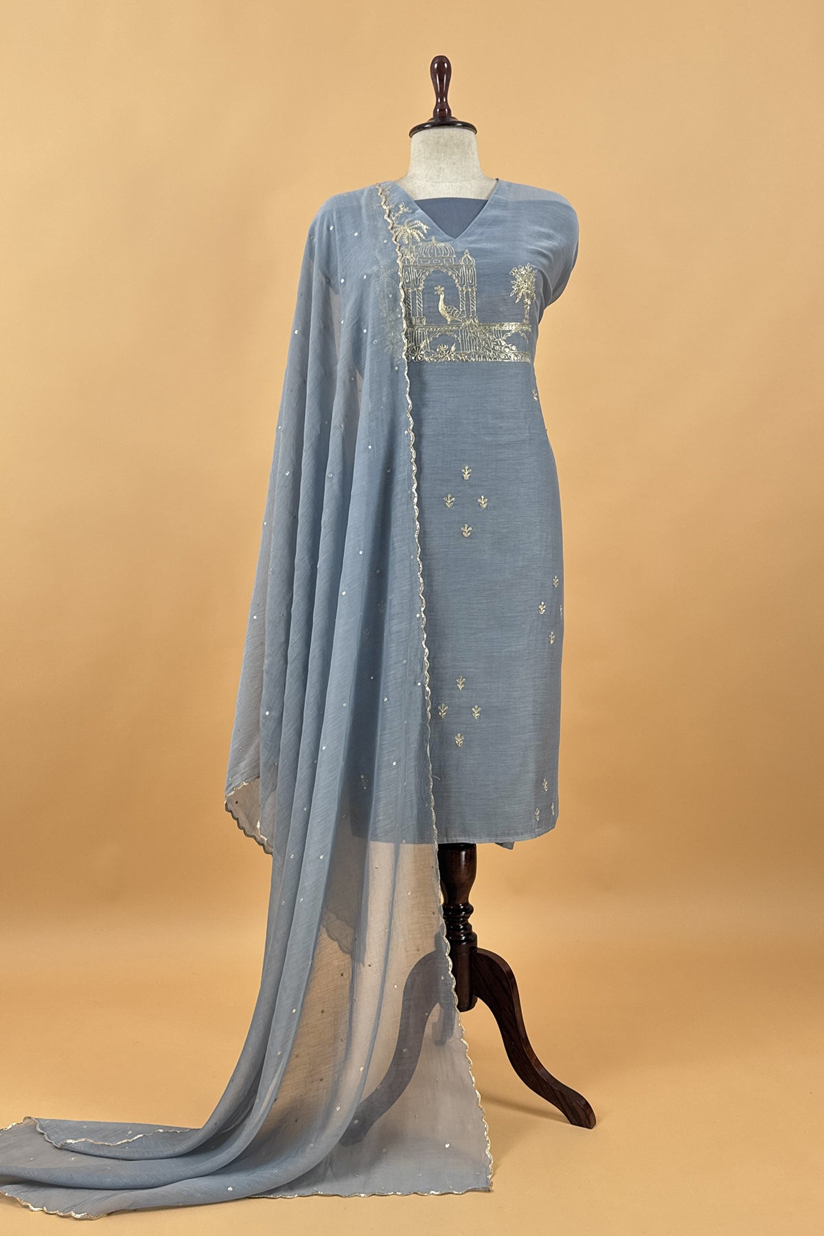 Steel Blue Handloom Mulmul Suit With Thread Embroidery