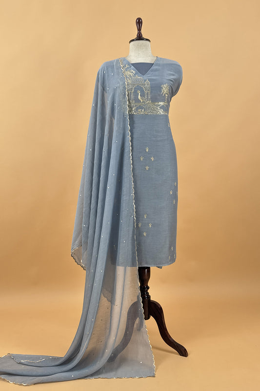Steel Blue Handloom Mulmul Suit With Thread Embroidery