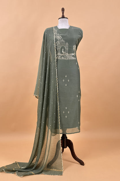 Sage Green Handloom Mulmul Suit With Thread Embroidery
