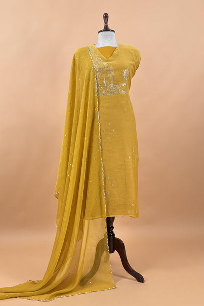 Yellow Handloom Mulmul Suit With Thread Embroidery