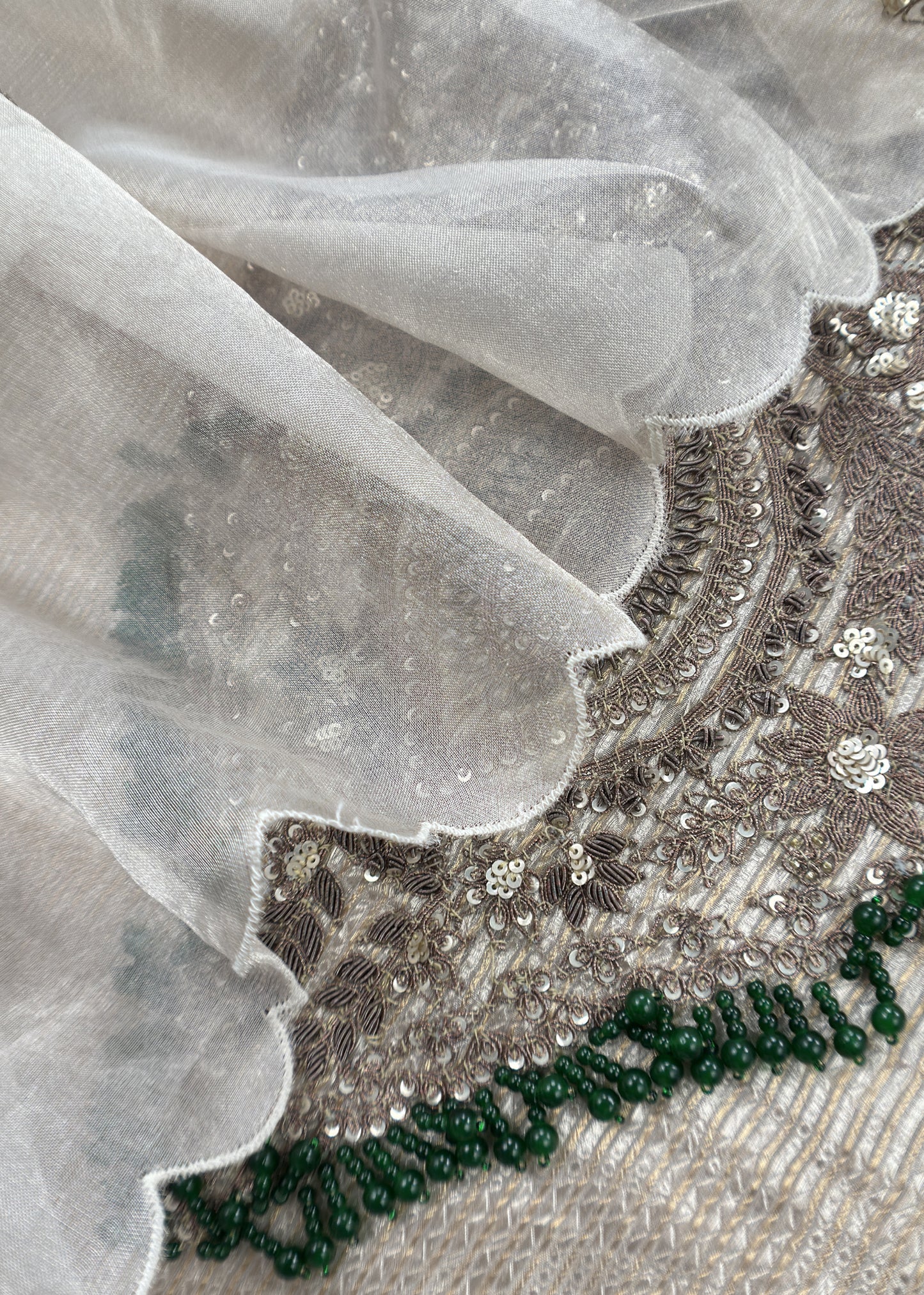 Champagne Beige Handloom Tissue silk kurta and Tissue Silk Dupatta with Dori Dabka handwork