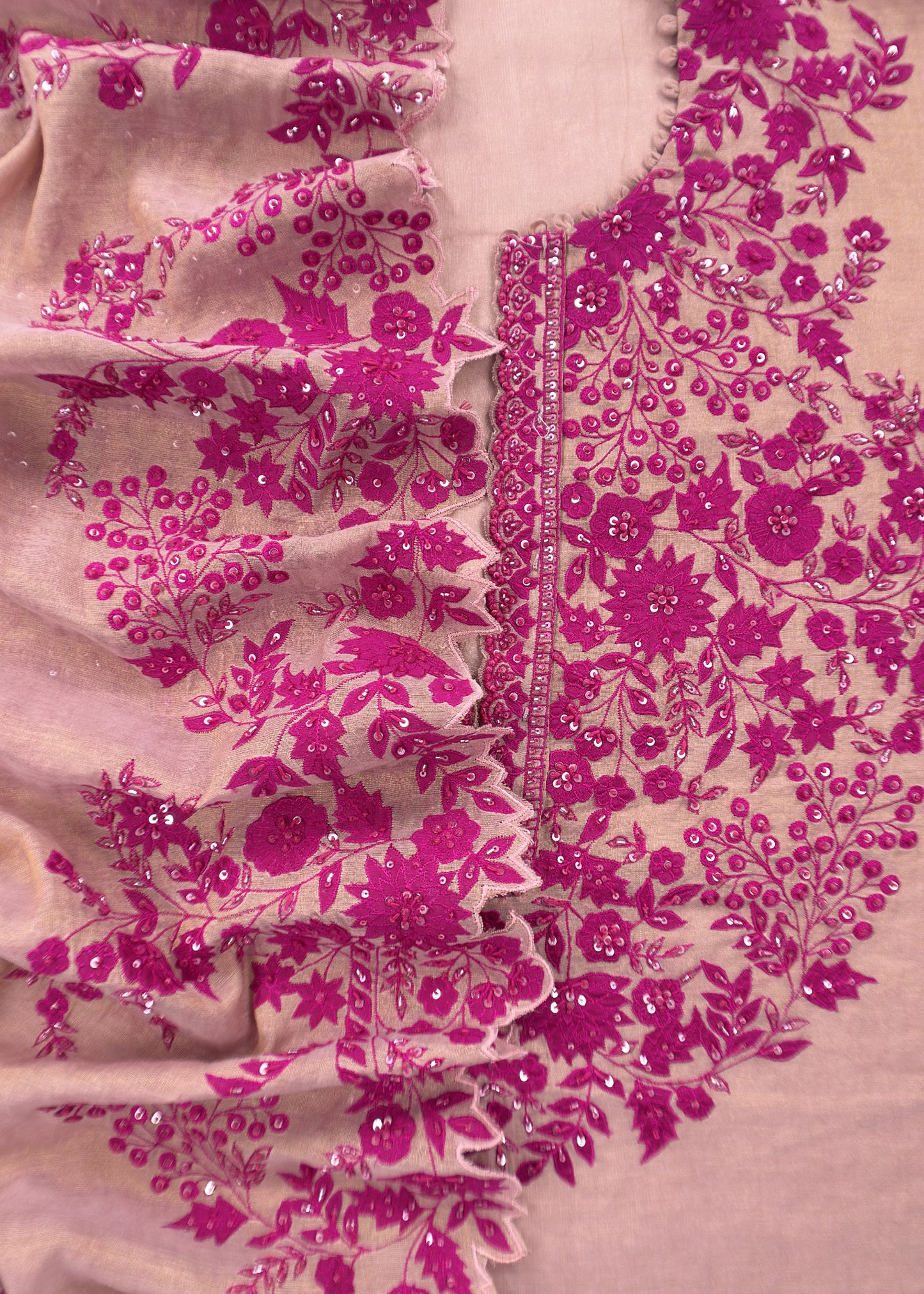 Dusty Candy Pink Tissue Silk Suit Fabric With Appliqué Flowers And Handwor