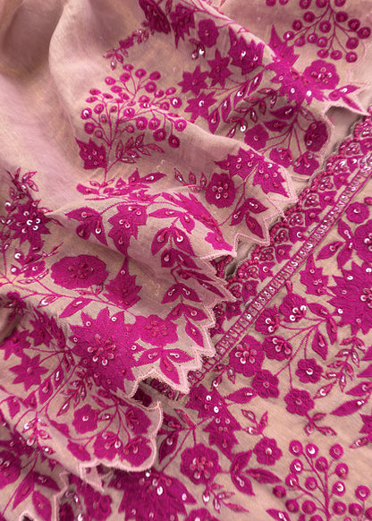 Dusty Candy Pink Tissue Silk Suit Fabric With Appliqué Flowers And Handwor