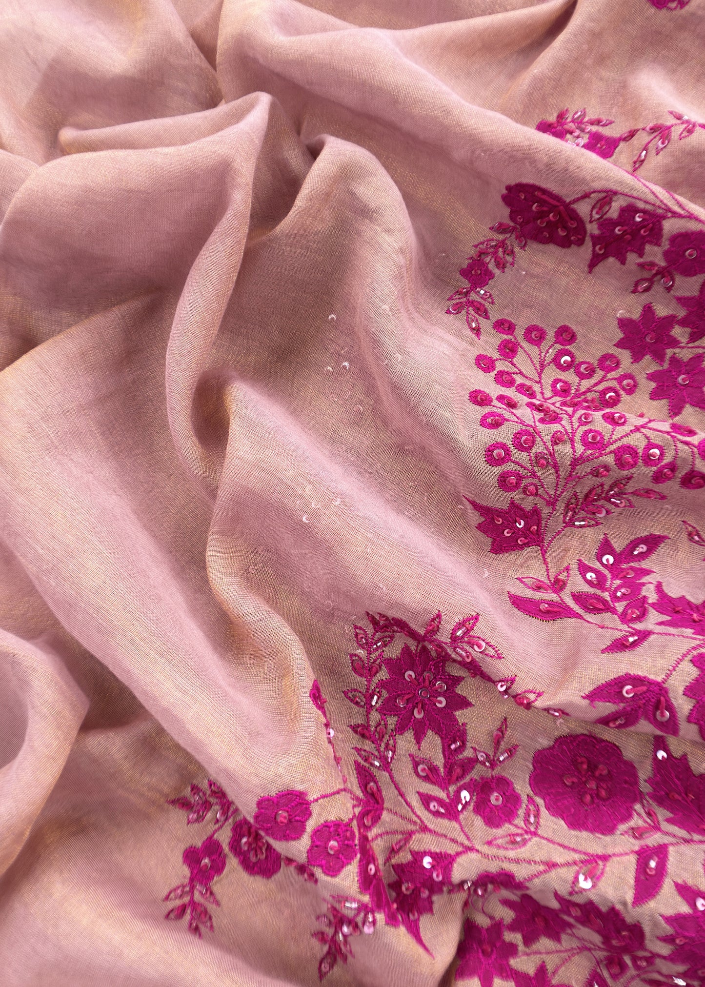 Dusty Candy Pink Tissue Silk Suit Fabric With Appliqué Flowers And Handwor