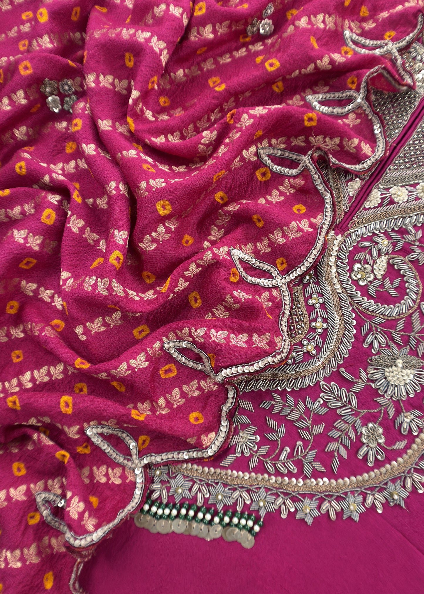 Rani Sa Pink Handloom Silk Kurta And Bandhani Dupatta With Handwork