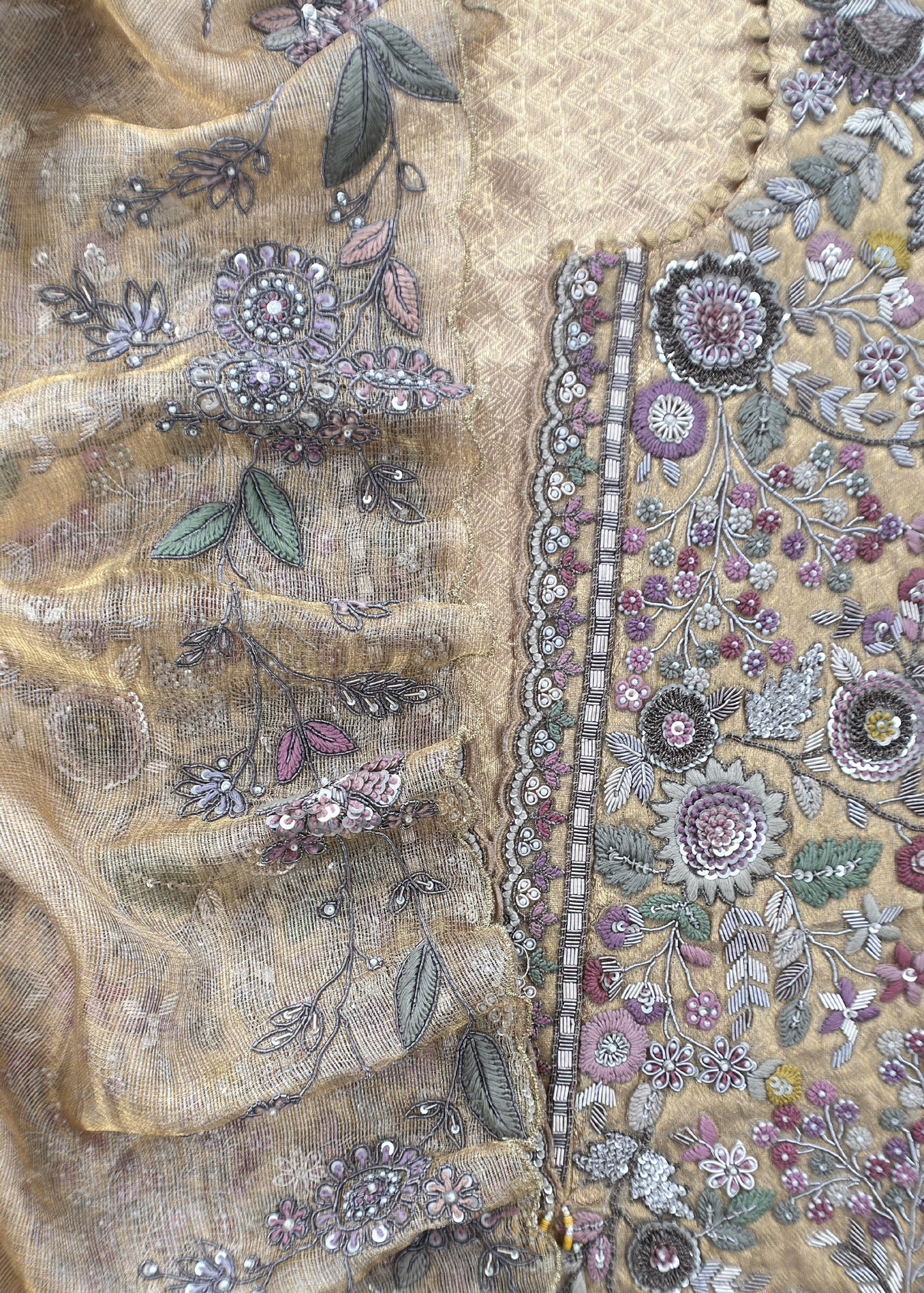 Luxe Gold Handloom Tissue Silk Suit Fabric With Dori Dabka Handwork