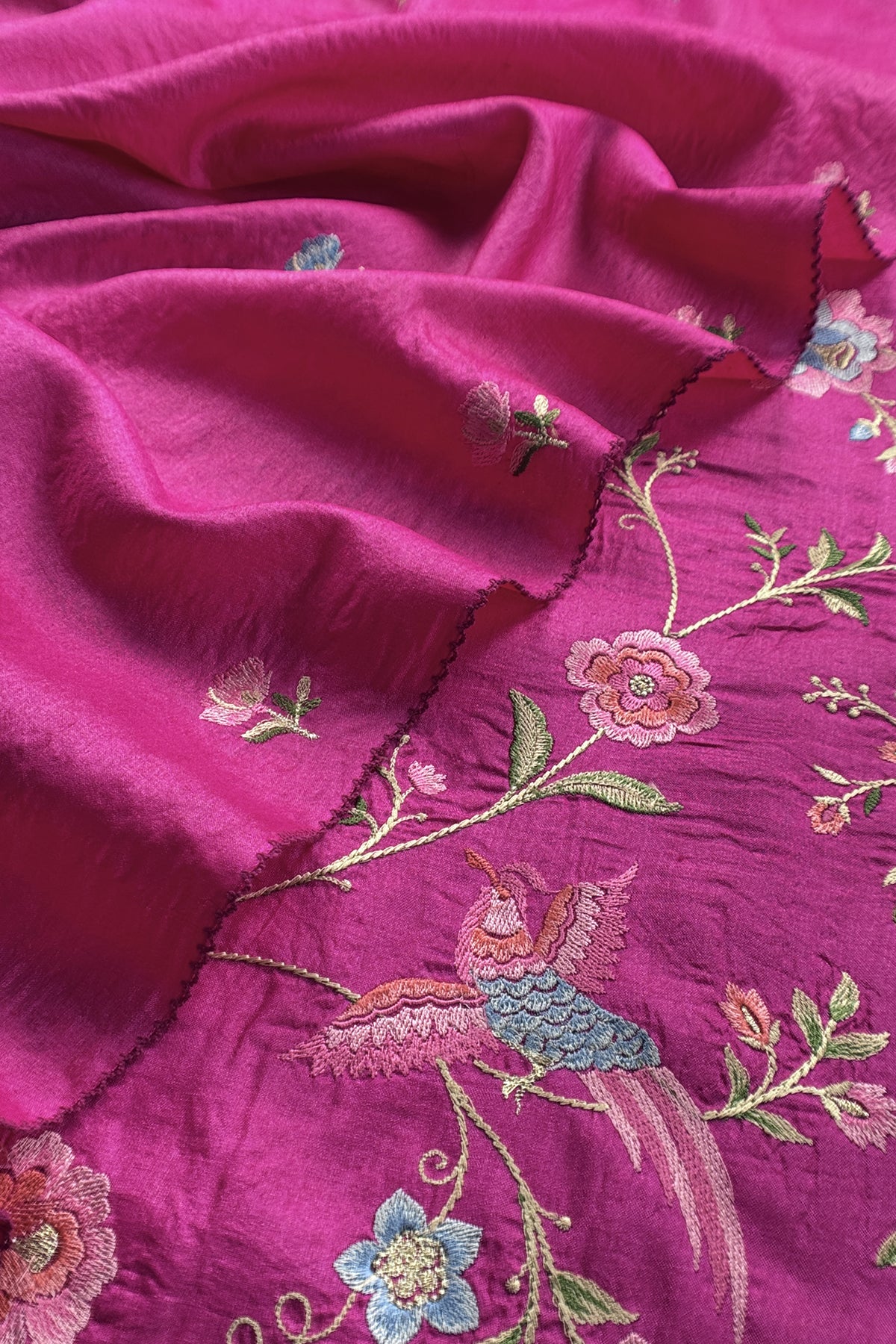 Pink Handloom Tussar Suit With Thread Embroidery