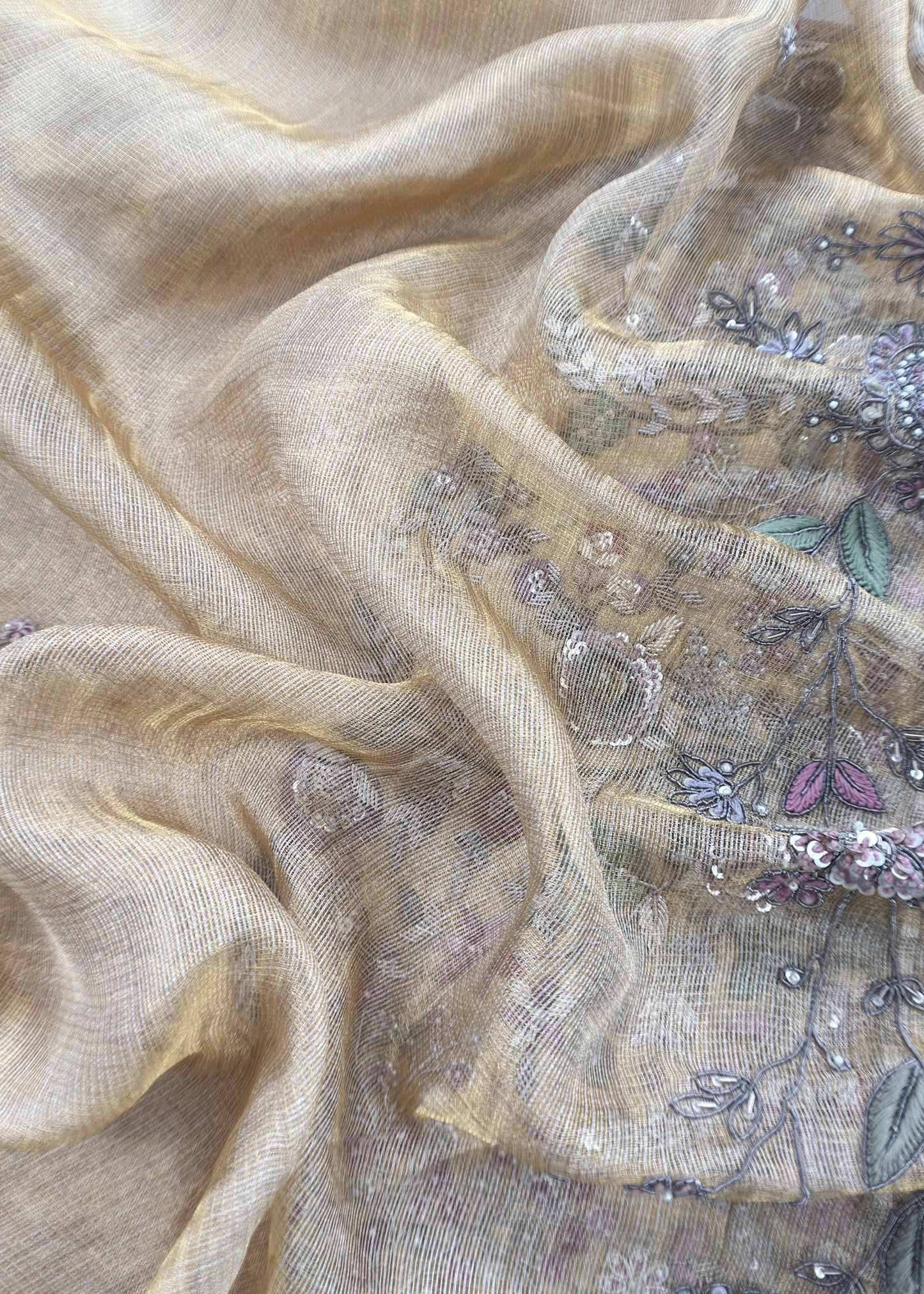 Luxe Gold Handloom Tissue Silk Suit Fabric With Dori Dabka Handwork