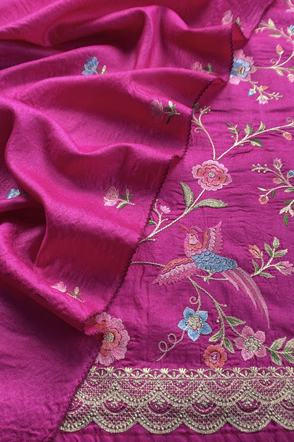 Pink Handloom Tussar Suit With Thread Embroidery