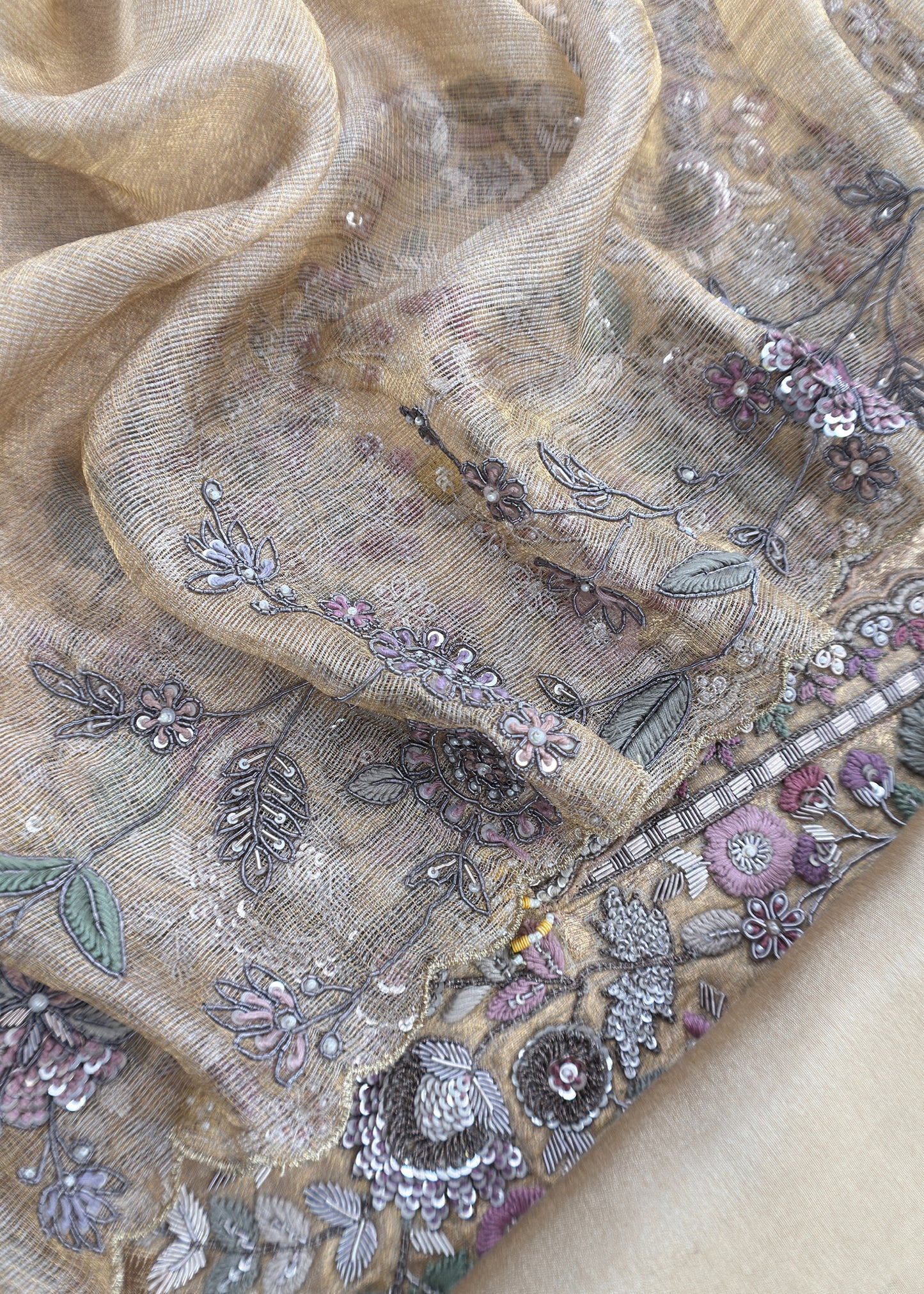 Luxe Gold Handloom Tissue Silk Suit Fabric With Dori Dabka Handwork