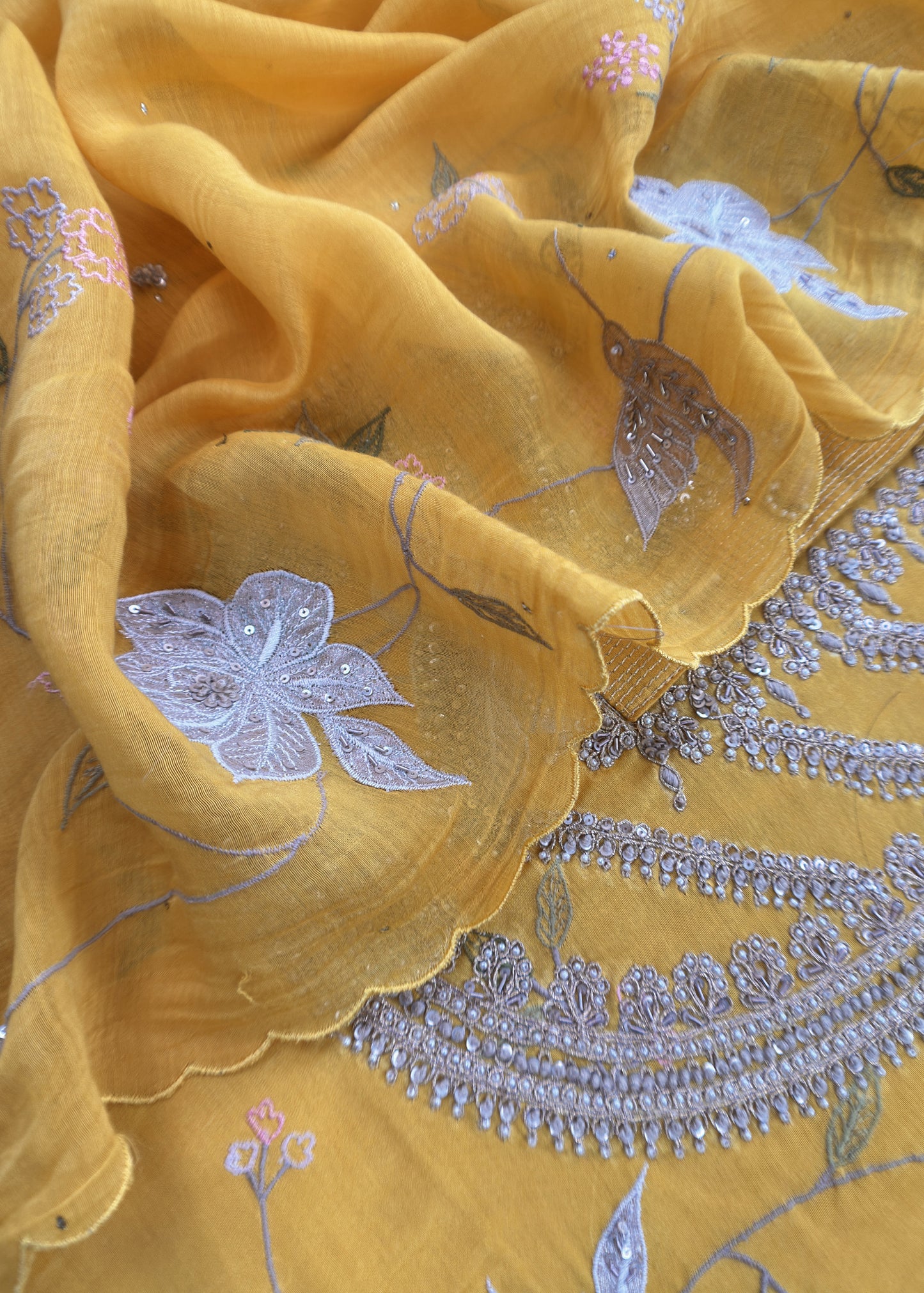 Mango Yellow Pure Silk Suit with Floral Embroidery and Handwork