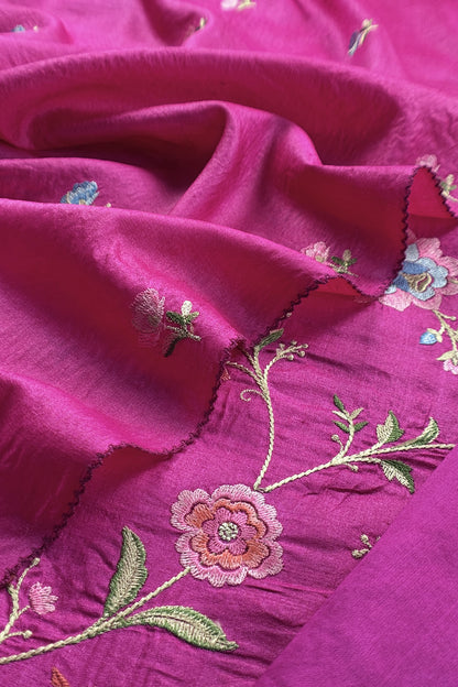 Pink Handloom Tussar Suit With Thread Embroidery