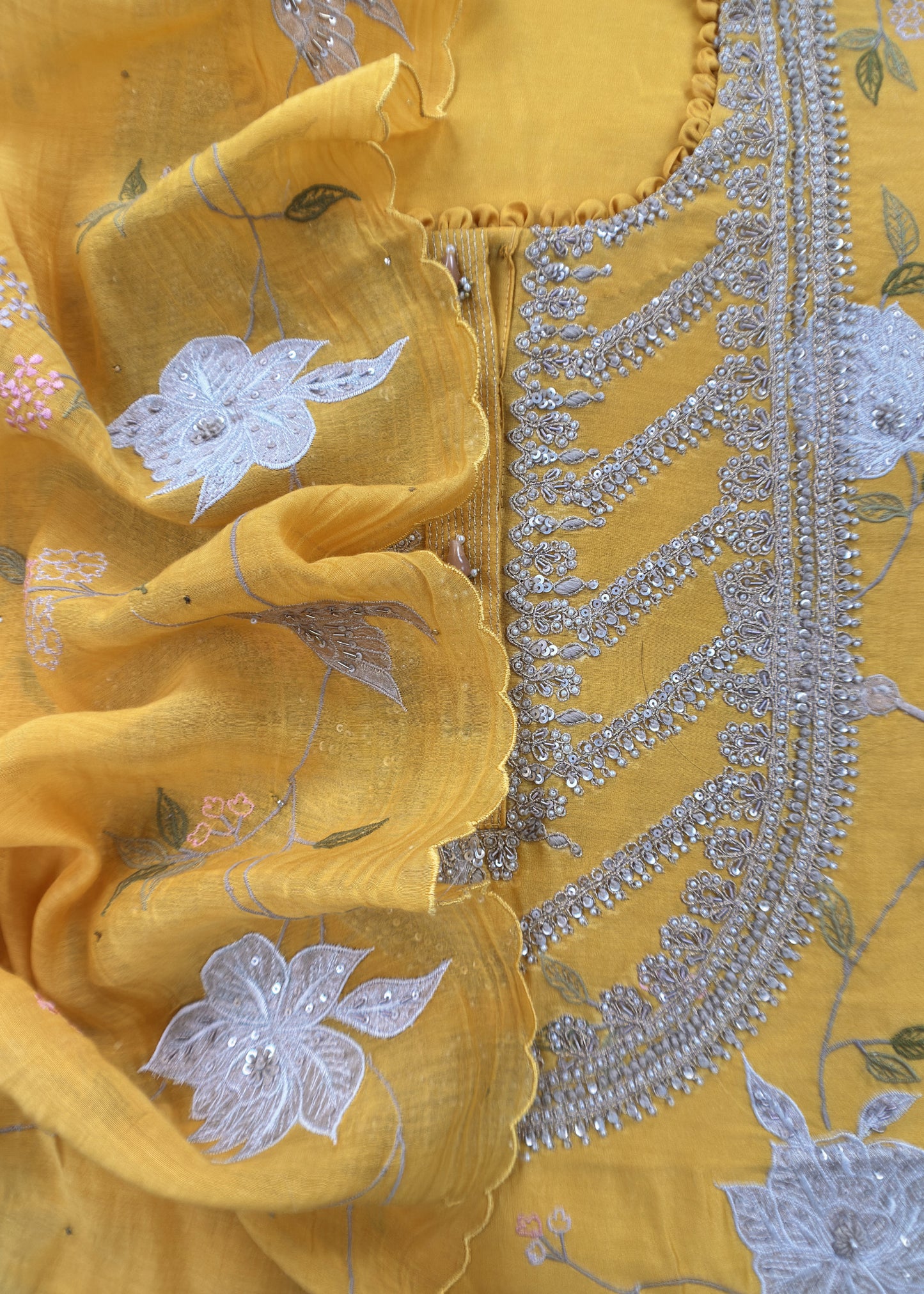 Mango Yellow Pure Silk Suit with Floral Embroidery and Handwork
