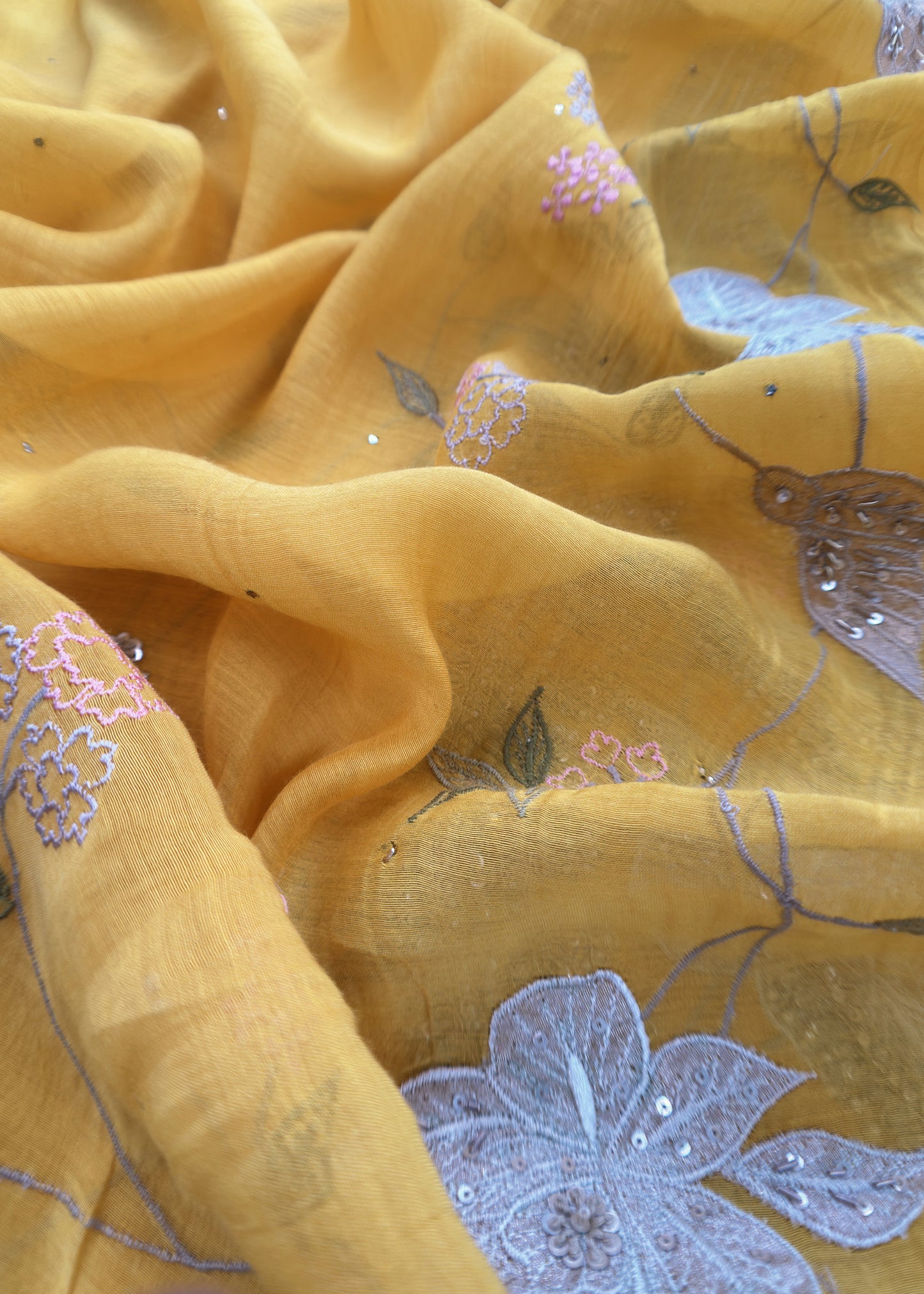 Mango Yellow Pure Silk Suit with Floral Embroidery and Handwork