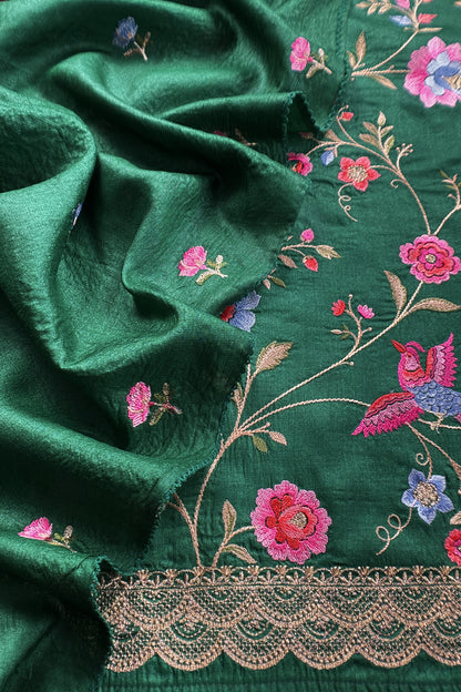 Green Handloom Tussar Suit With Thread Embroidery