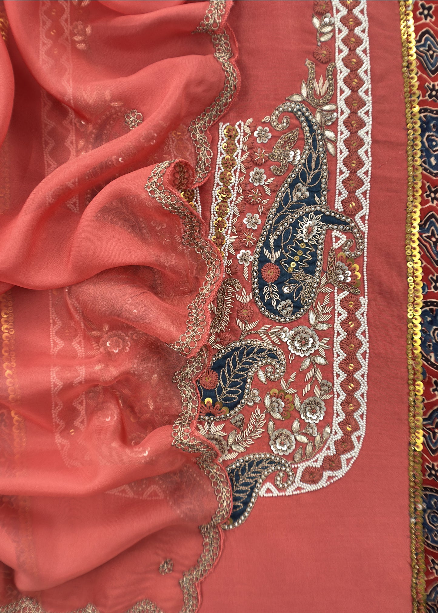 Kesari Rust Ajrakh Handloom Silk kurta and Kora silk Dupatta With Handwork