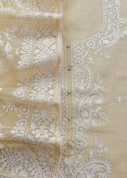 Off White Handloom Mulmul Kurta And kora Silk Dupatta With Ivory Resham Embroidery