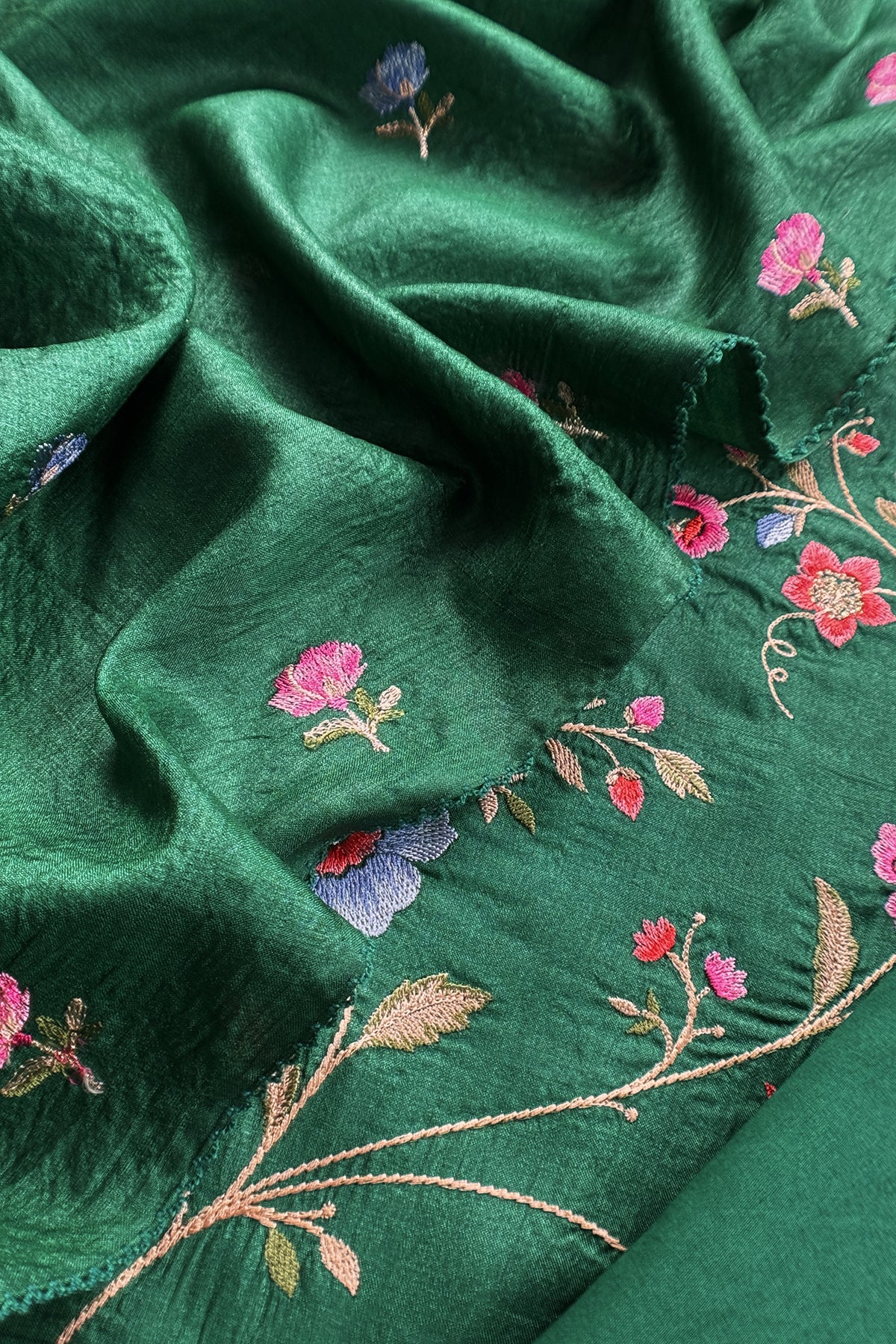 Green Handloom Tussar Suit With Thread Embroidery