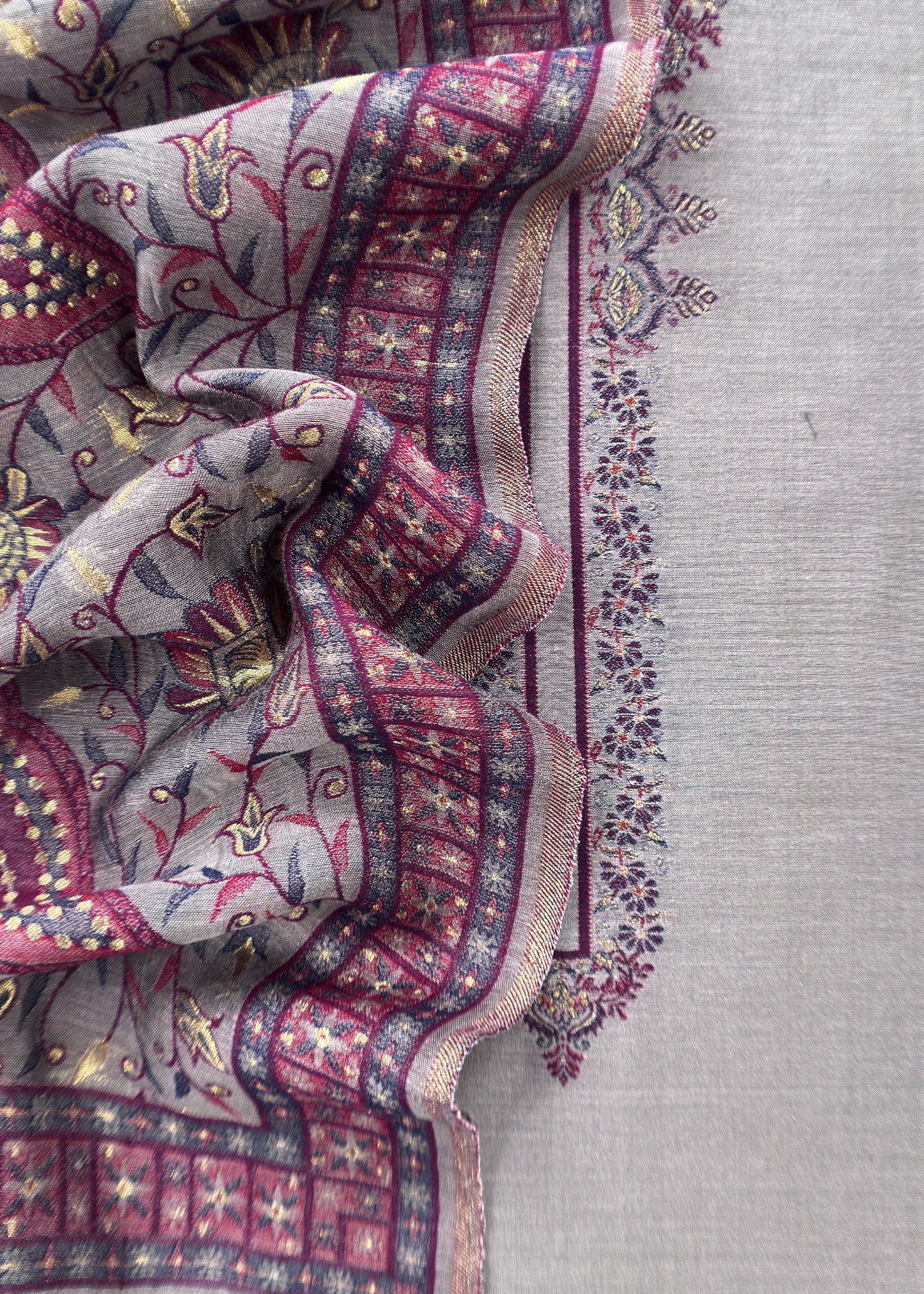 Cheeku Grey Pure Silk Suit With Kani Gold Zari Weaving