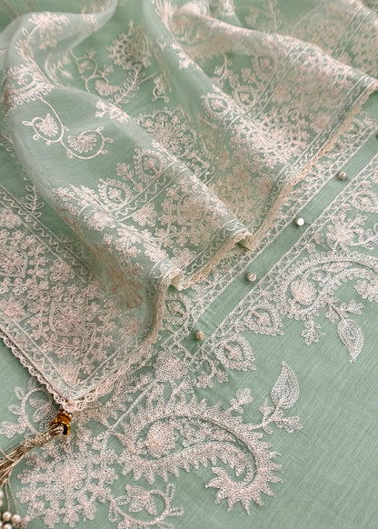 Pastel Sea Green Handloom Mulmul Kurta And Kora Silk Dupatta With Ivory Resham Embroidery