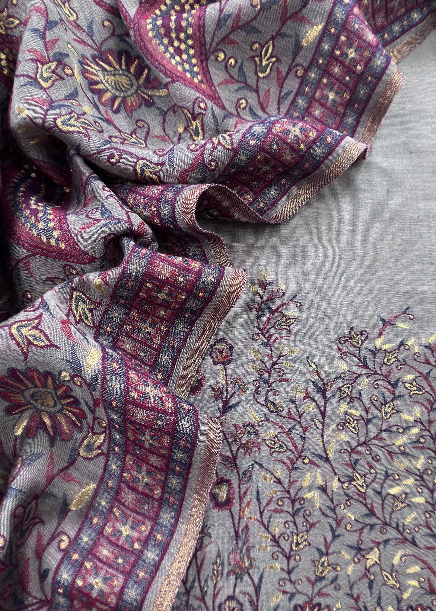 Cheeku Grey Pure Silk Suit With Kani Gold Zari Weaving