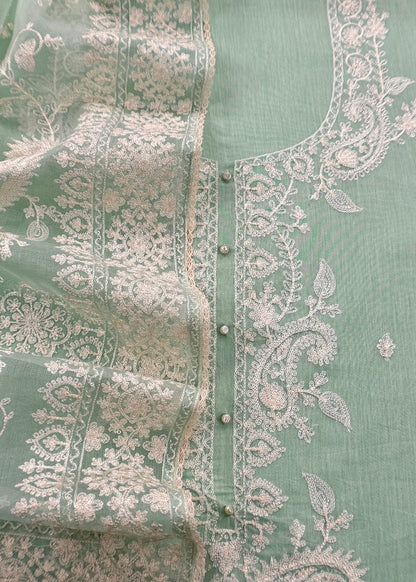 Pastel Sea Green Handloom Mulmul Kurta And Kora Silk Dupatta With Ivory Resham Embroidery