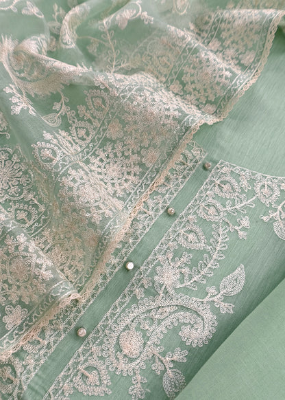 Pastel Sea Green Handloom Mulmul Kurta And Kora Silk Dupatta With Ivory Resham Embroidery