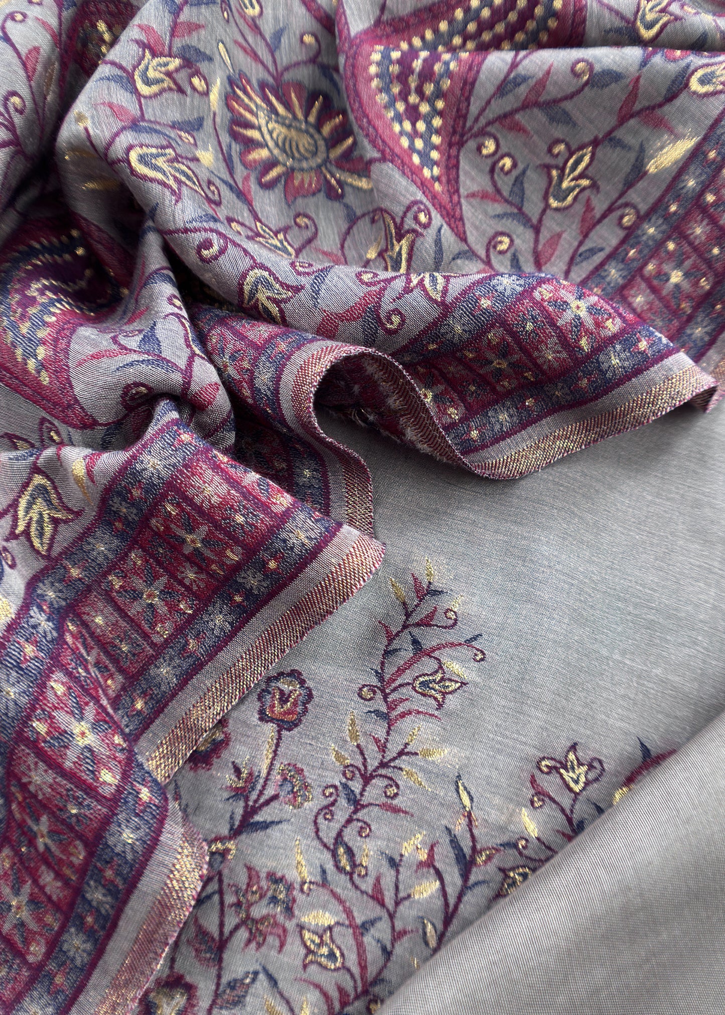 Cheeku Grey Pure Silk Suit With Kani Gold Zari Weaving